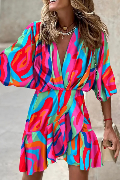 Print Patchwork V Neck Waist Skirt Dresses(6 Colors)