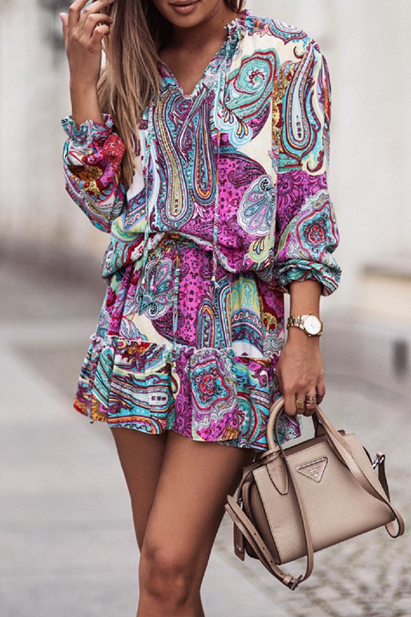 Print Flounce V Neck Cake Skirt Dresses(3 Colors)
