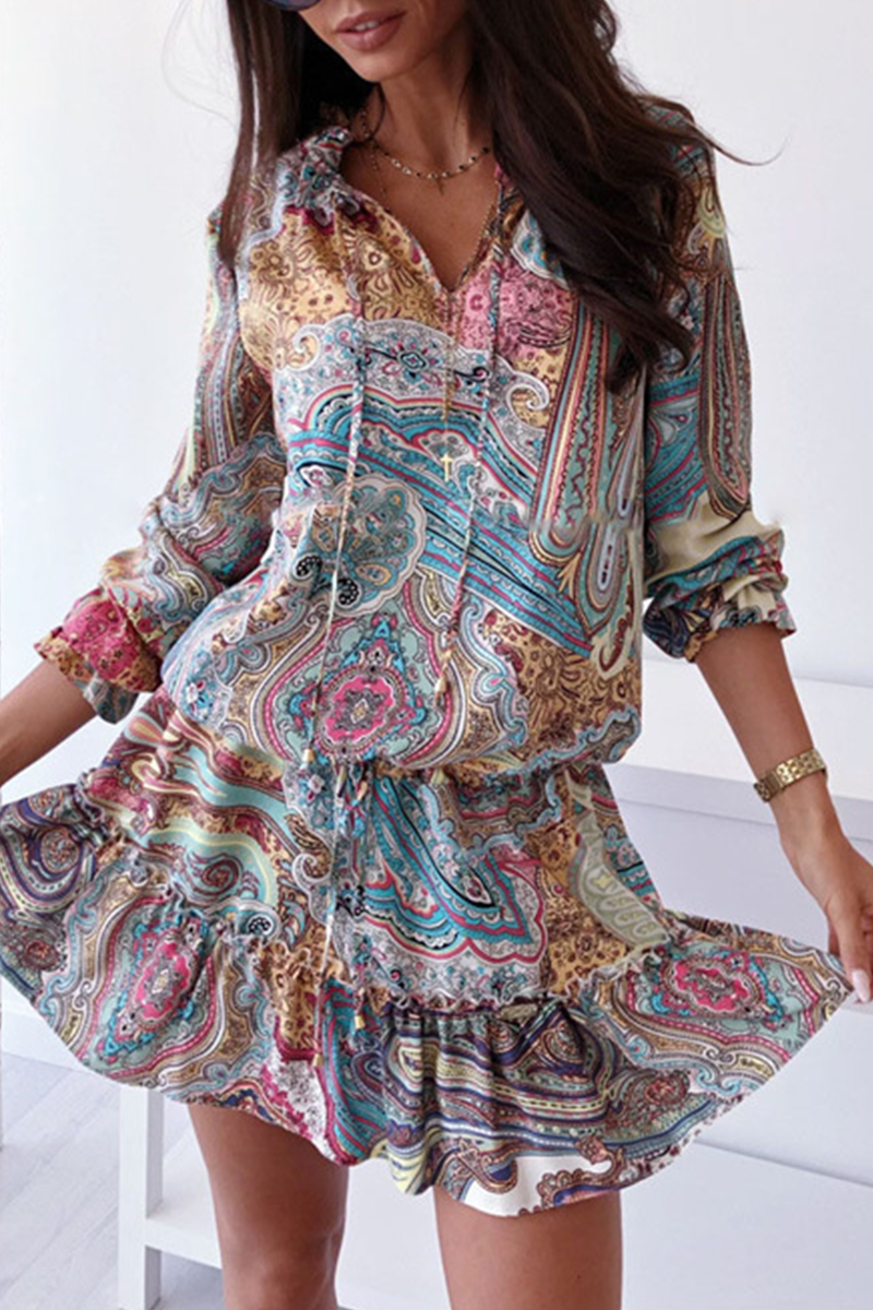Print Flounce V Neck Cake Skirt Dresses(3 Colors)