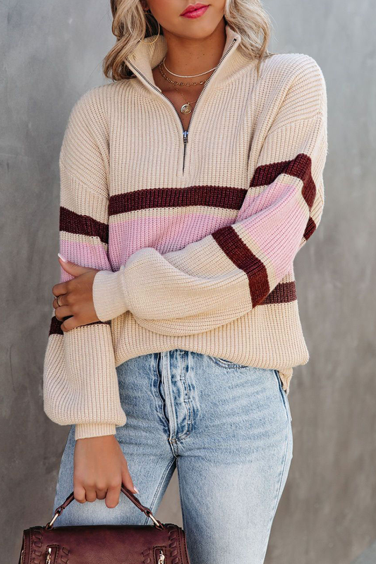 Patchwork Zipper Collar Sweaters(5 Colors)