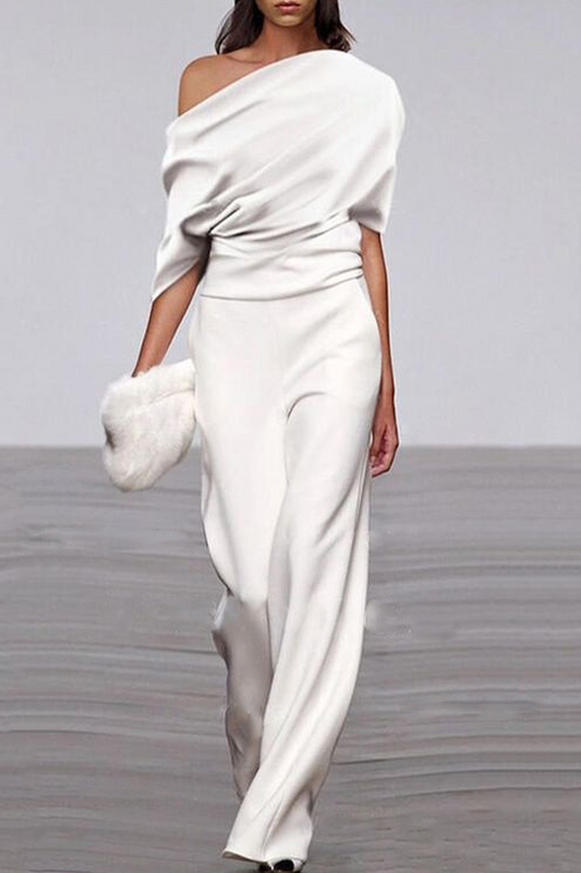 Patchwork One Shoulder Straight Jumpsuits