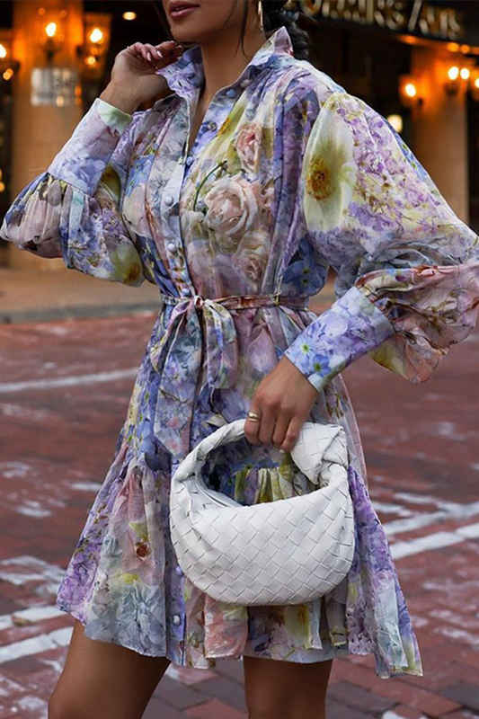 Print Patchwork Turndown Collar Cake Skirt Dresses