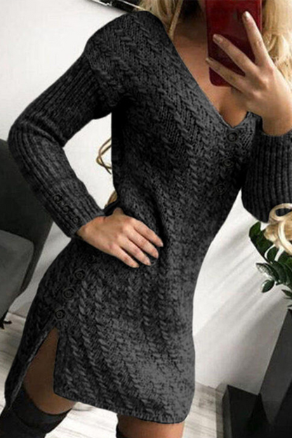 Patchwork Buckle V Neck Pencil Skirt Dresses(3 Colors)