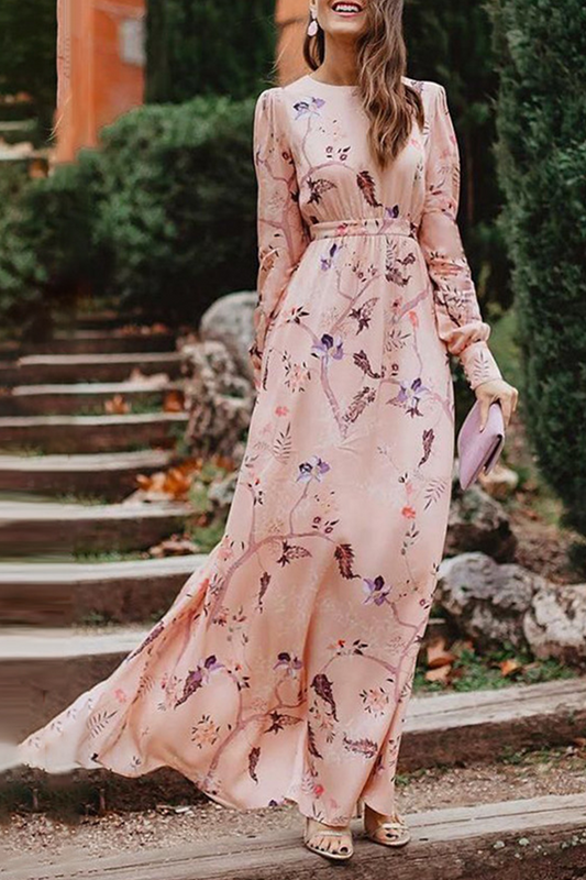 Print Hollowed Out O Neck Waist Skirt Dresses