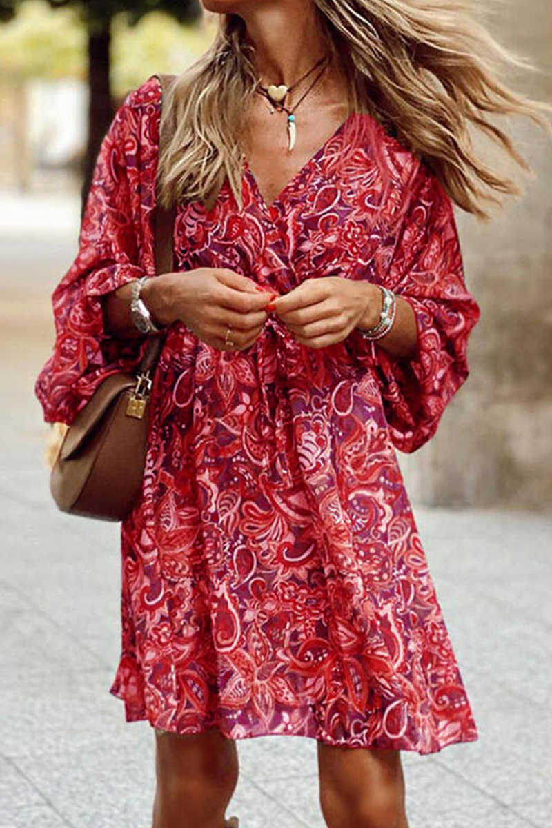 Print Patchwork V Neck Cake Skirt Dresses