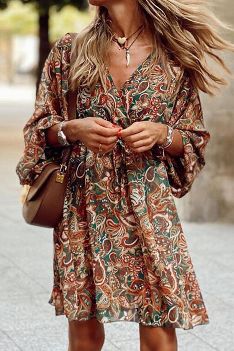 Print Patchwork V Neck Cake Skirt Dresses