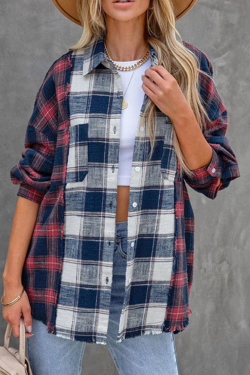Plaid Patchwork Turndown Collar Blouses