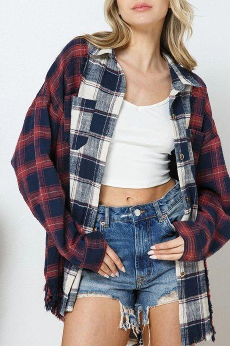 Plaid Patchwork Turndown Collar Blouses