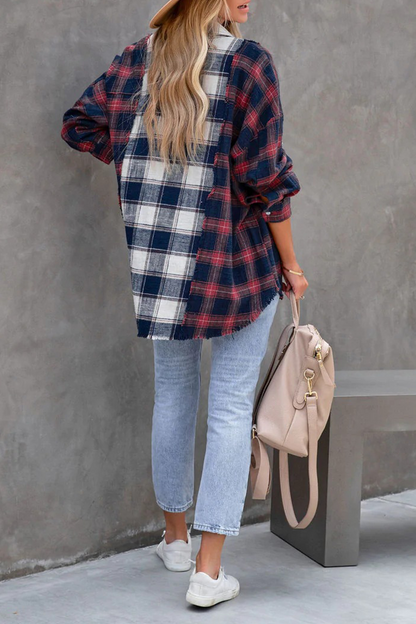 Plaid Patchwork Turndown Collar Blouses