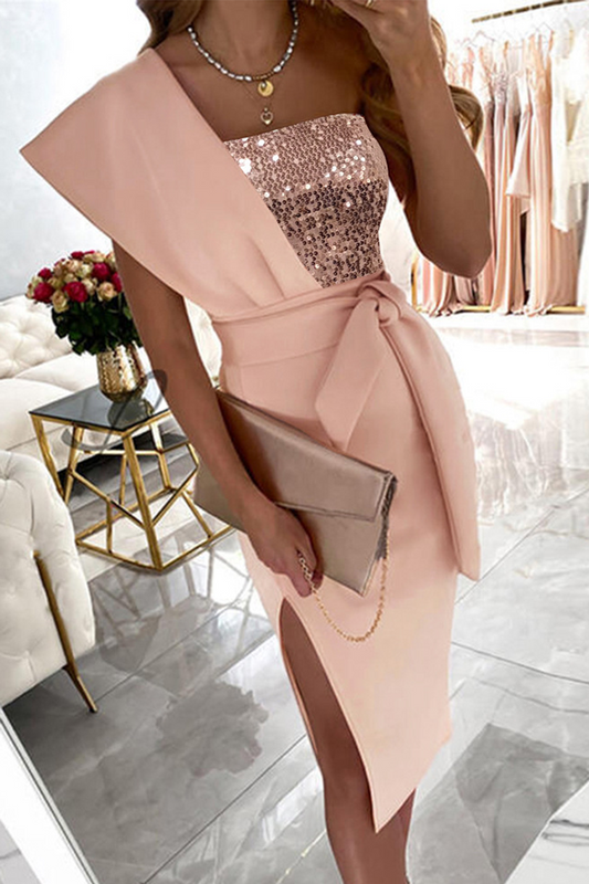 Patchwork Sequins One Shoulder Pencil Skirt Dresses