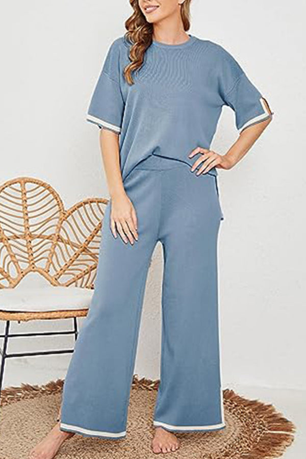Lounge or Wear Knit Patchwork Color Block Short Sleeve Top and Elastic Wide Leg Pants