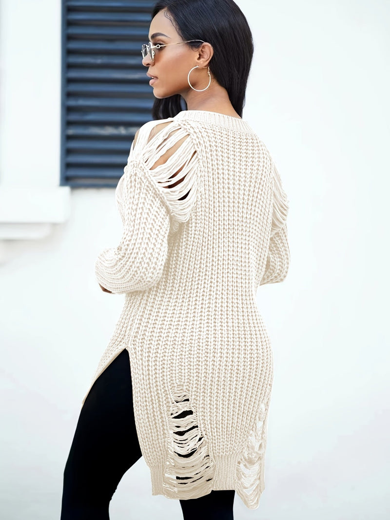Crew Neck Ripped Split Pullover Sweater Fh9741