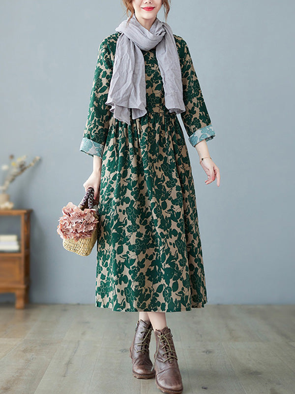 Artistic Retro Ramie Cotton Printed Pleated Round-neck Long Sleeves Midi Dress