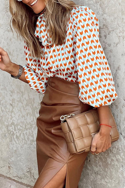 Print Patchwork Ribbon Collar Blouses