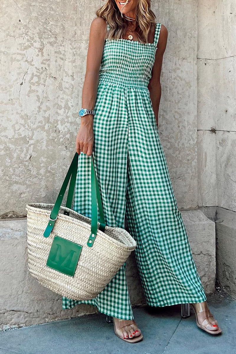 Plaid Print Patchwork Spaghetti Strap Straight Jumpsuits(4 Colors)