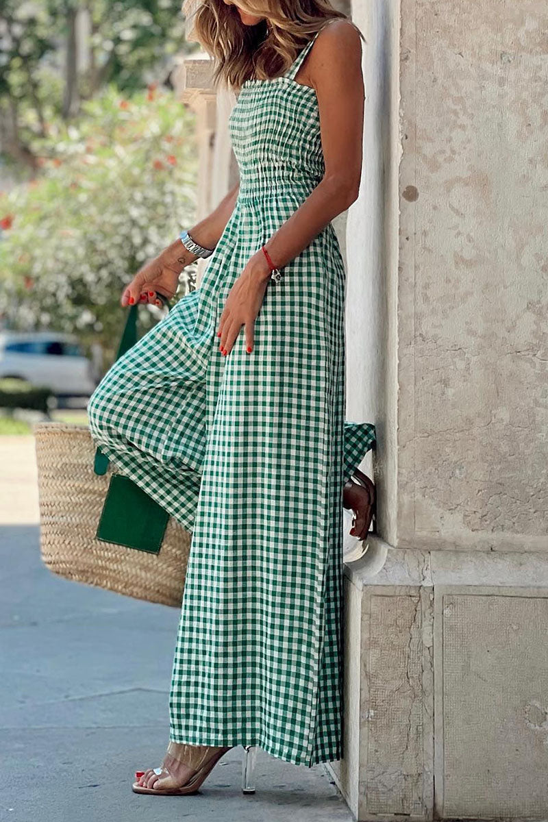 Plaid Print Patchwork Spaghetti Strap Straight Jumpsuits(4 Colors)