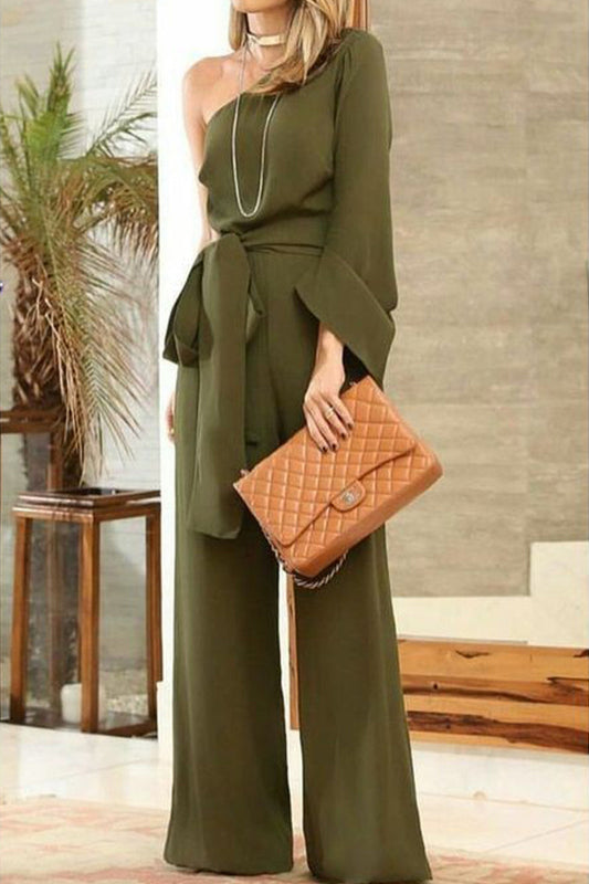 Zipper One Shoulder Straight Jumpsuits