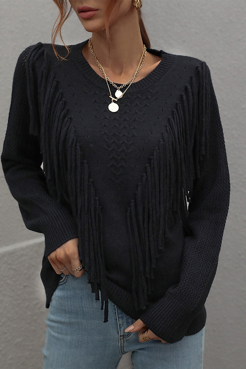 Tassel Patchwork O Neck Sweaters(5 Colors)