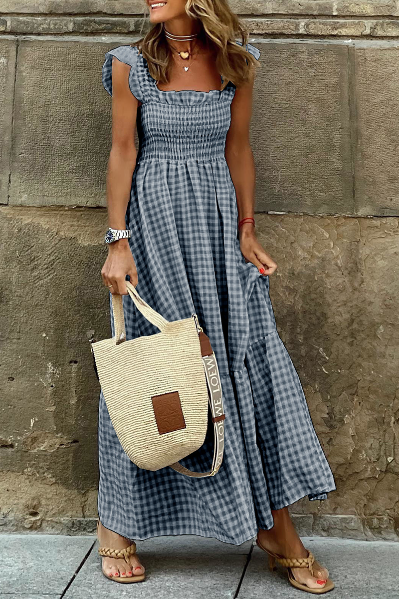 Plaid Patchwork Square Collar Cake Skirt Dresses(4 Colors)