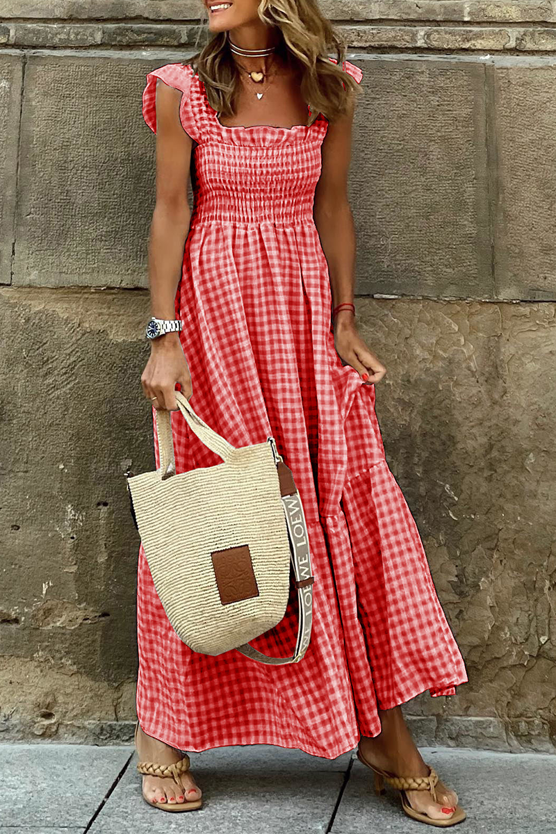 Plaid Patchwork Square Collar Cake Skirt Dresses(4 Colors)