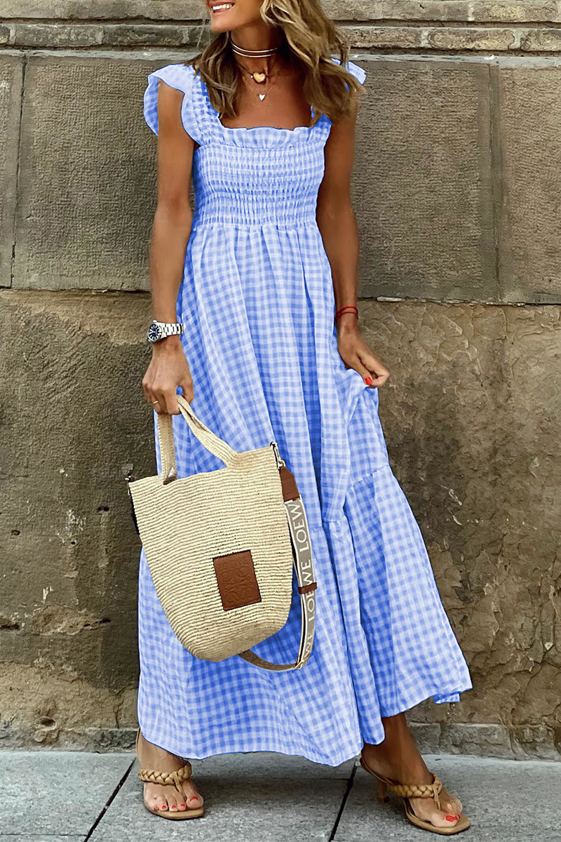 Plaid Patchwork Square Collar Cake Skirt Dresses(4 Colors)