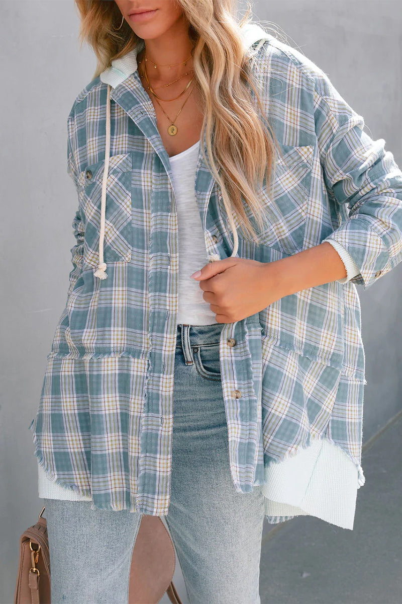 Plaid Striped Patchwork Hooded Collar Blouses