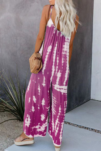 Patchwork Tie-dye Spaghetti Strap Straight Jumpsuits(10 Colors)