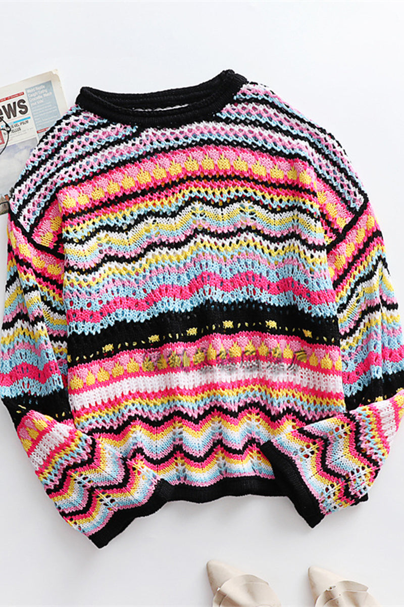Striped Patchwork O Neck Sweaters(4 Colors)