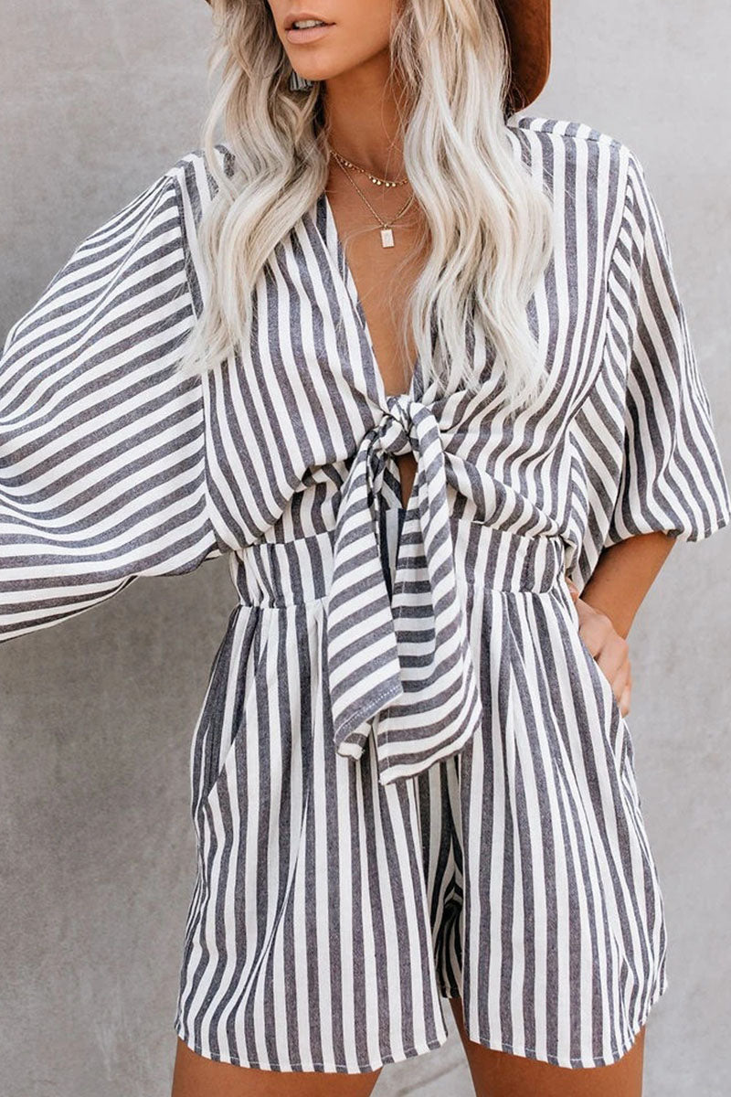 Striped Print Strap Design V Neck Loose Jumpsuits(6 Colors)
