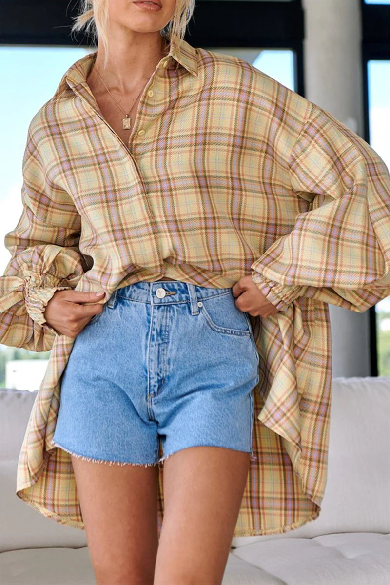 Plaid Buckle Turndown Collar Blouses(3 Colors)