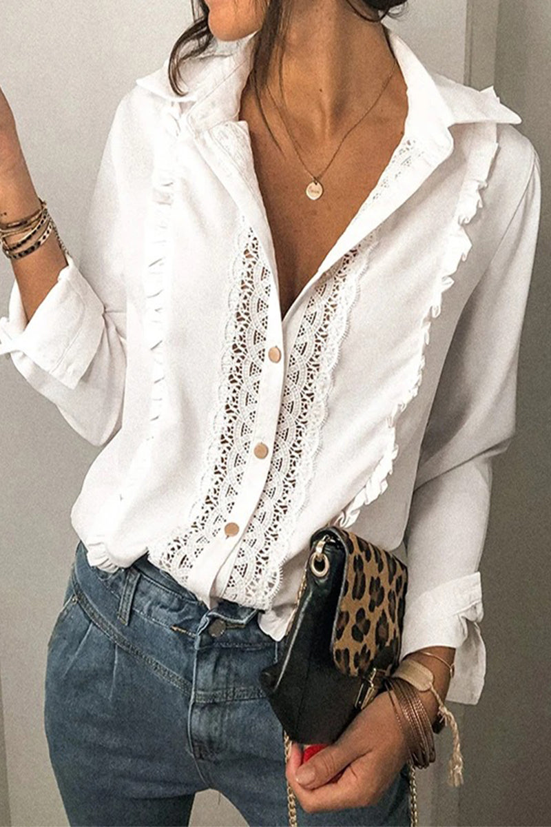 Patchwork Turndown Collar Blouses