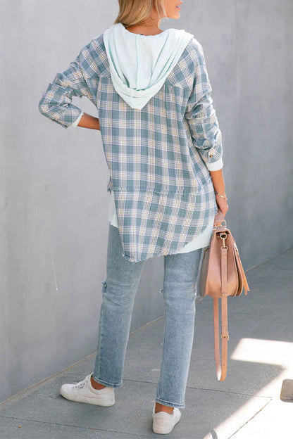 Plaid Striped Patchwork Hooded Collar Blouses