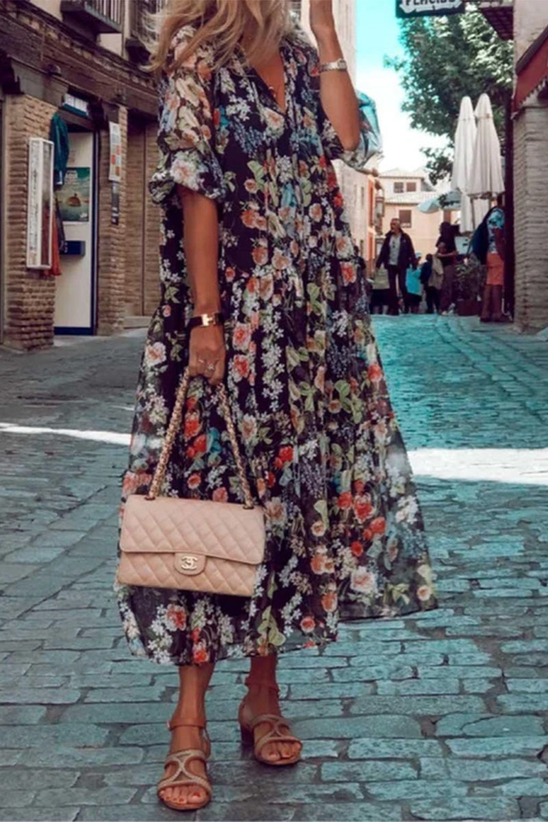 Print Patchwork V Neck Cake Skirt Dresses