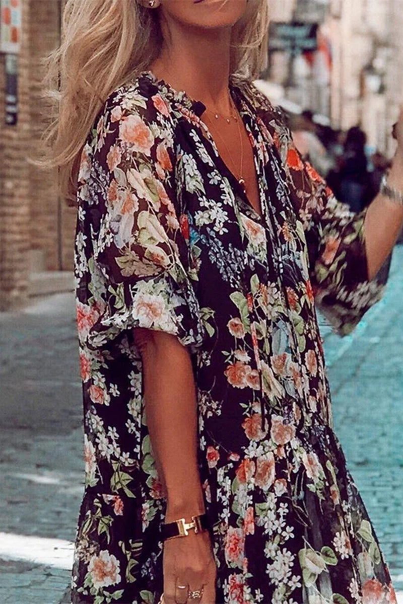 Print Patchwork V Neck Cake Skirt Dresses