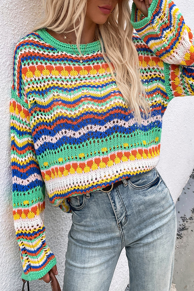 Striped Patchwork O Neck Sweaters(4 Colors)