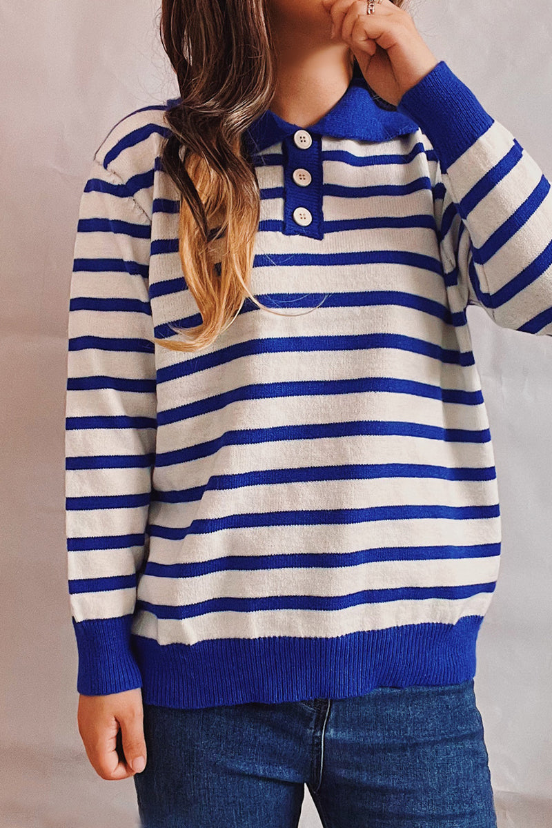 Striped Buttons Turndown Collar Sweaters(3 Colors)