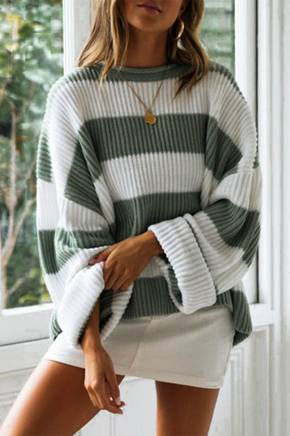 Sweet Striped Contrast O Neck Sweaters(5 Colors)