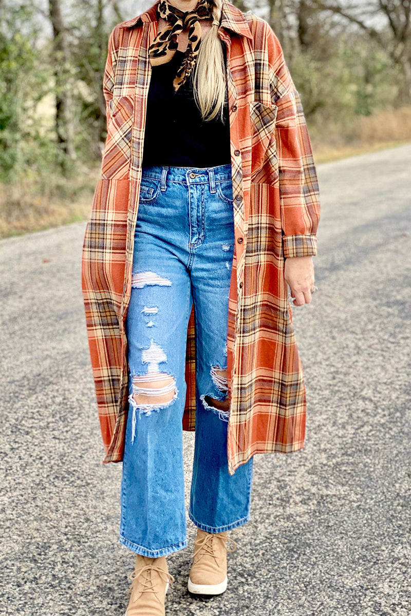 Street Plaid Buttons Shirt Collar Blouses