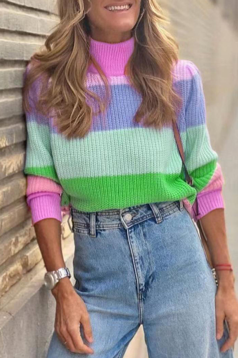 Work Striped Contrast Turtleneck Sweaters(3 Colors)