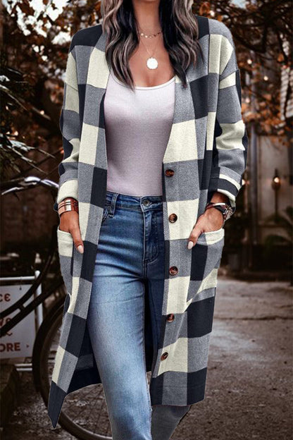 Street Plaid Striped Pocket Cardigan Collar Outerwear(4 Colors)