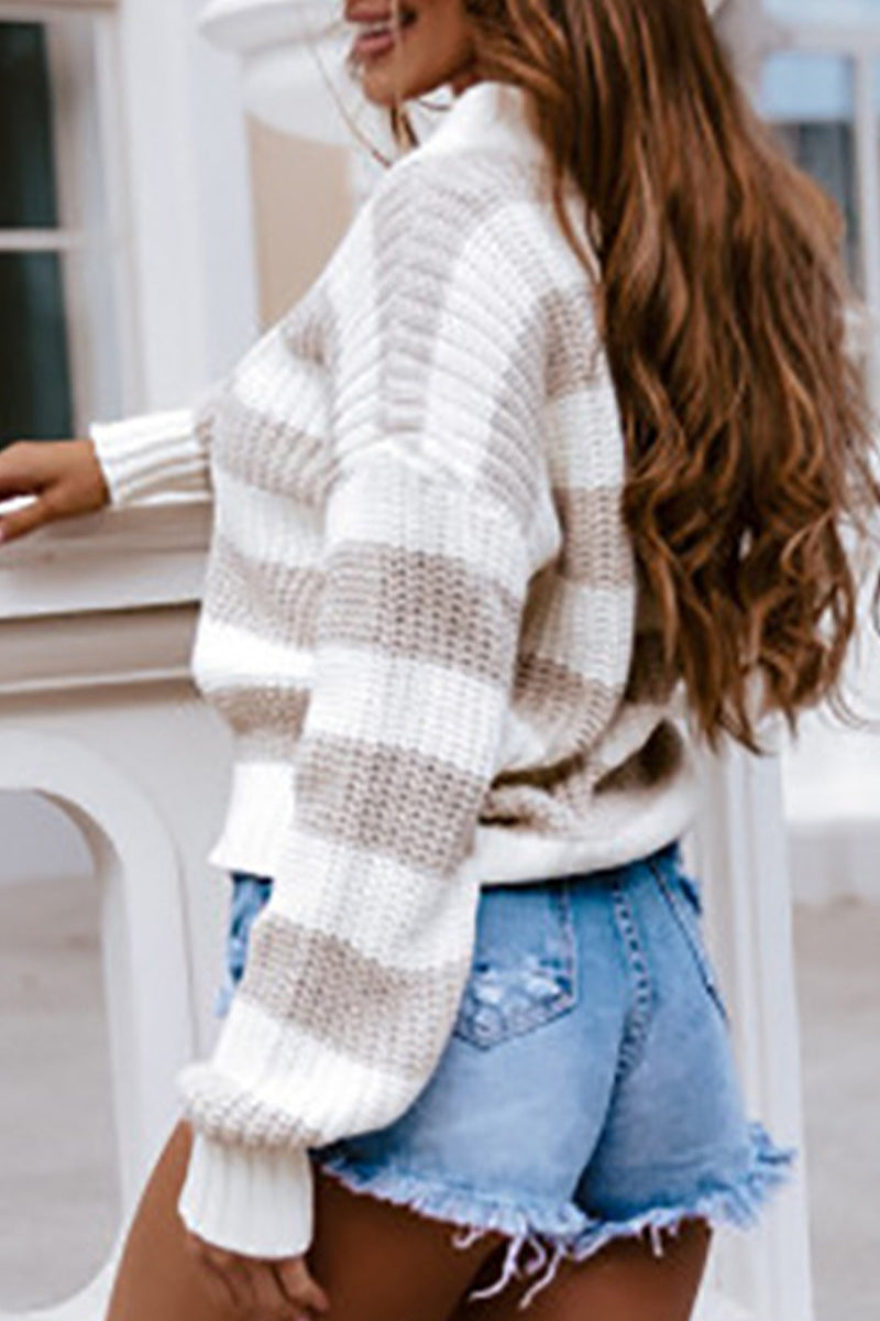 Sweet Plaid Striped Patchwork V Neck Sweaters