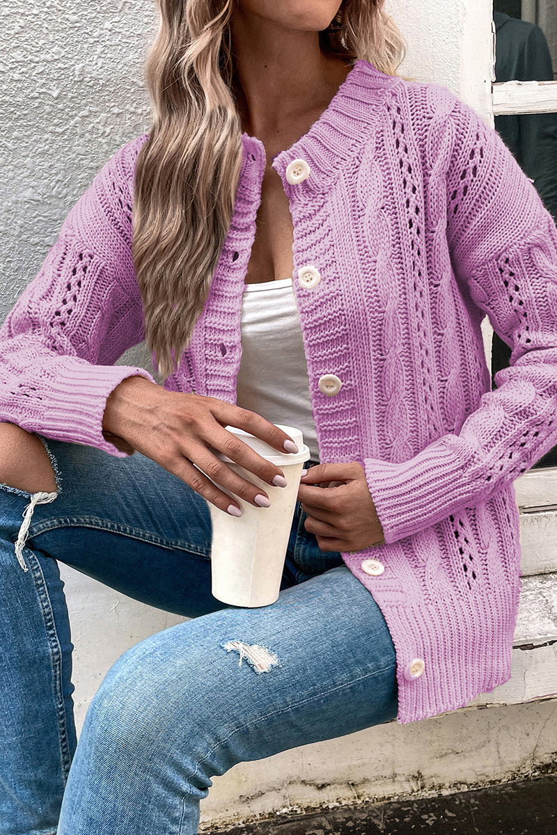 Hollowed Out Buttons O Neck Sweaters(3 Colors)