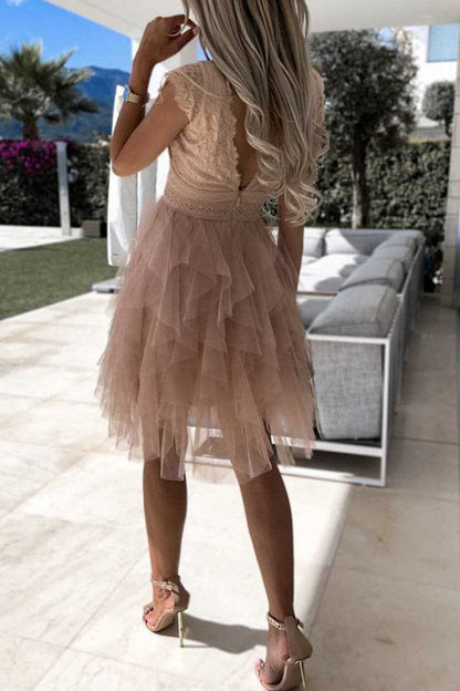 Mesh V Neck Cake Skirt Dresses(3 Colors)