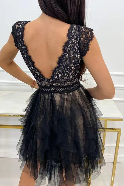Mesh V Neck Cake Skirt Dresses(3 Colors)