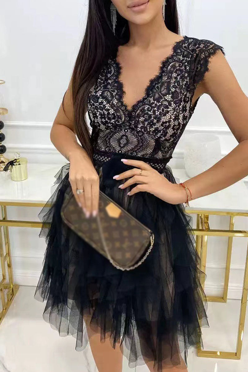 Mesh V Neck Cake Skirt Dresses(3 Colors)