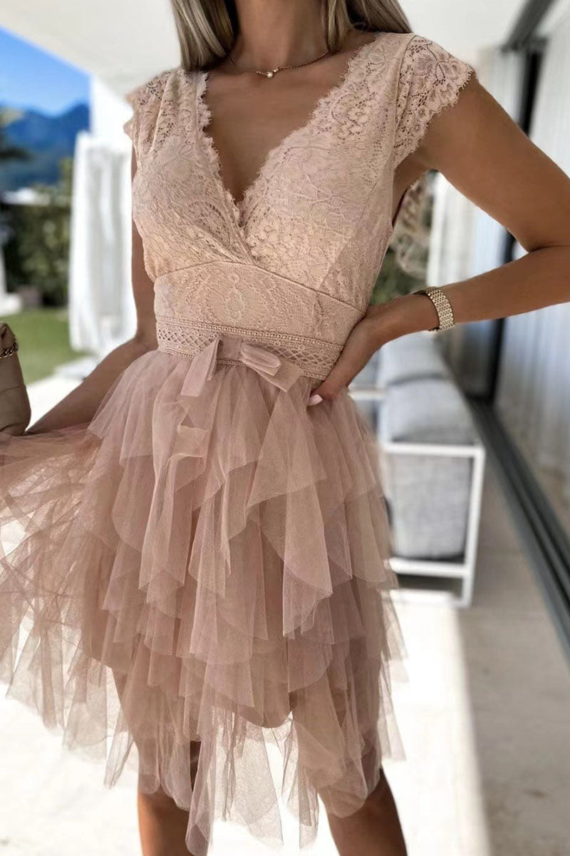 Mesh V Neck Cake Skirt Dresses(3 Colors)