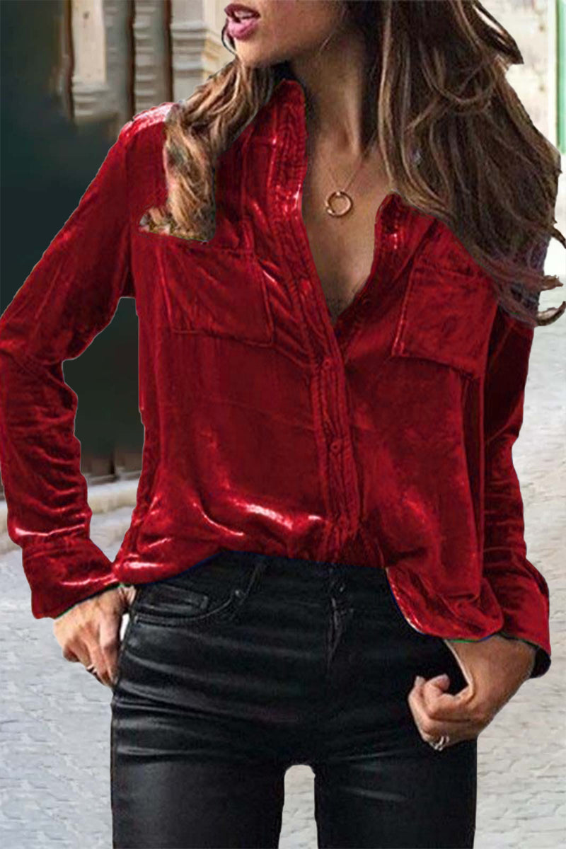 Buckle Color Shirt Collar Blouses (11 Colors)