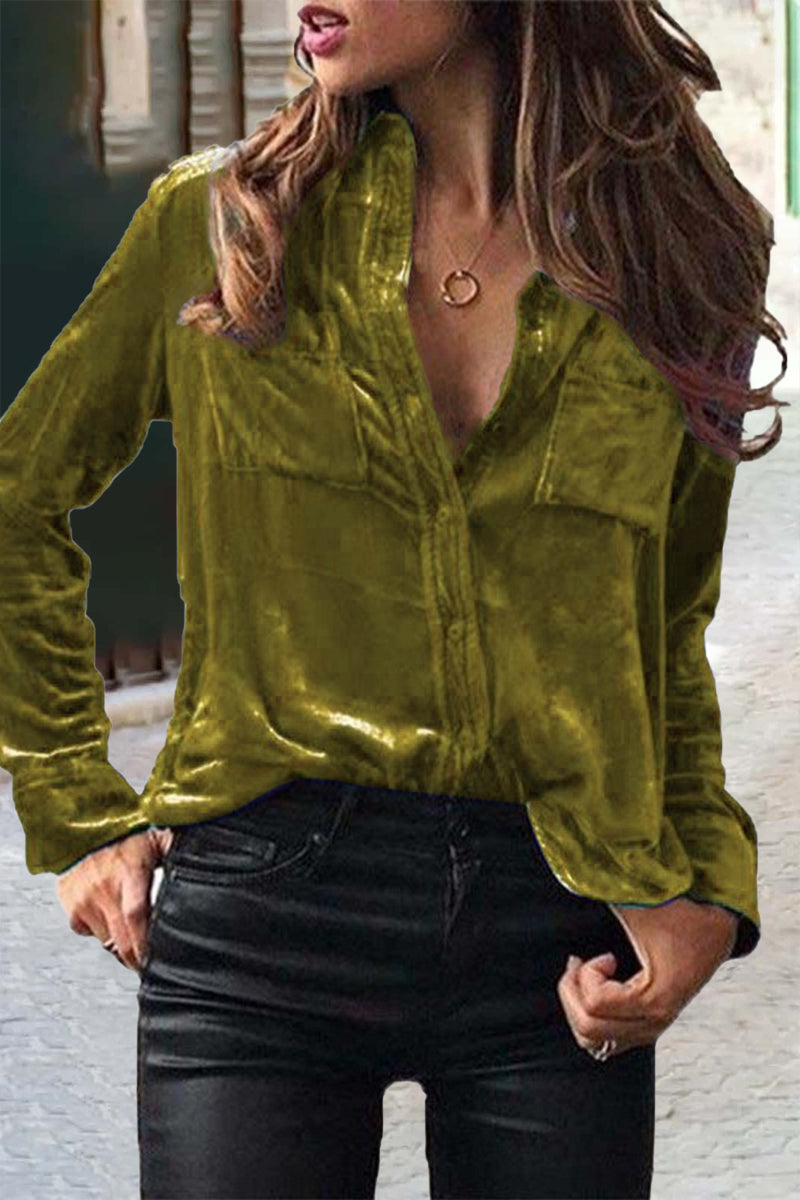 Buckle Color Shirt Collar Blouses (11 Colors)