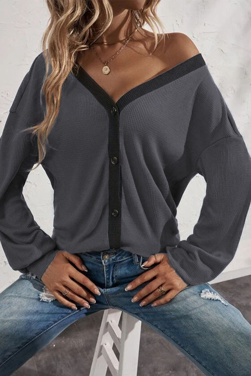Patchwork Buttons V Neck T-shirts(7 Colors)