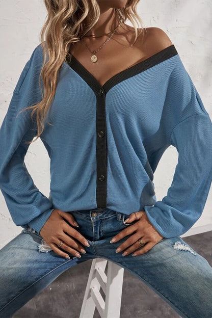 Patchwork Buttons V Neck T-shirts(7 Colors)